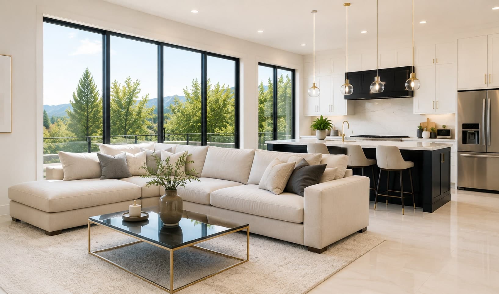 Bright, modern living room and kitchen professionally cleaned by Pristine Group